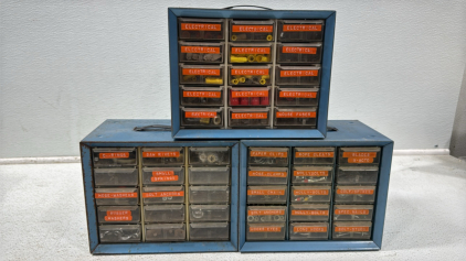 (3) 15 Drawer Storage Bins Full Of Assorted Hardware And Electrical Items