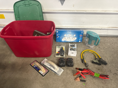 (1) Bin Filled With Assorted Construction And Home Items- Light Fixtures, Flo Master Sprayer, M18 Lithium Batteries For Drills & More!