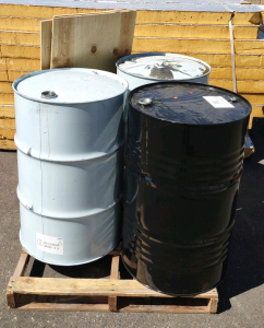 (3) Empty 55gl. Drum Barrels & (3) 2'x 4' Planks of Wood