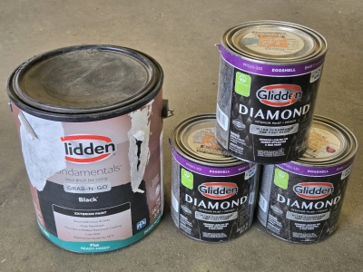 (1) Glidden Fundamentals Grab-N-Go Exterior Paint - Black - 3.78L & (3) Glidden Diamond Interior Paint & Primer - Eggshell&bull;Base 3 - 29FL OZ / +$120 Combined Value!