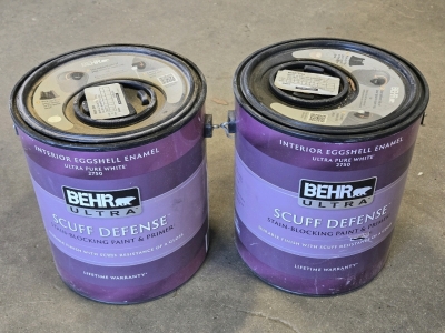 (2) Behr Ultra Scuff Defense Stain-Blocking Paint & Primer Base Cans - Interior Eggshell Enamel&bull;Ultra Pure White - 3.78L / +$100 Combined Value!