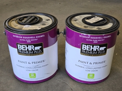 (2) Behr Premium Plus Interior Eggshell Enamel Paint & Primer - Ultra Pure White - 3.78L / +$100 Combined Value!