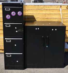 (1) 15"x 18"x 52&frac12;" (Black) 4-Drawer Filing Cabinet & (1) 31&frac34;"x 16"x 36" 2-Door Storage Cabinet