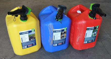(3) Assorted Colored Scepter 5gl. Gas Tanks