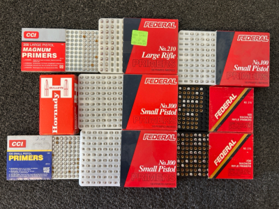 Unopened Box Of Hornady 25 Cal 100 Gr. Bullets and Variety Of Primers: 350 Large Pistol, No. 210 Large Rifle, No. 100 Small Pistol, 500 Small Primer, No. 215 Magnum Rifle Primers