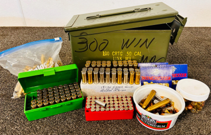 Metal Ammo Box With Mixed Firearm Contents Including Mixed Ammo (300 Win Mag, 45 Auto, 45 Colt), Mixed Brass, and Primers (W209)
