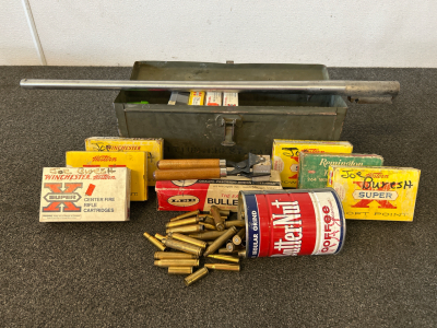 Ammo Box With Empty Vintage Ammo Boxes, Lee Bullet Mold No. 575-500M, Mixed Brass, and Rifle Barrel