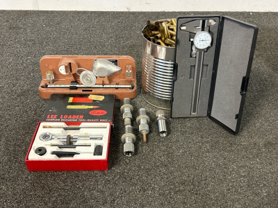 Precise Reloading Scale, Lee Loader, Dies, Caliper and Container With Mixed Brass