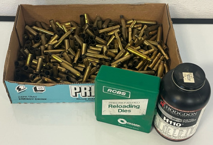 Sealed Hodgdon H110 Pistol Powder, Reloading Dies & Mixed Brass Including 30-06 Springfield, 7mm Rem Mag, 30-30 Win, 44 Magnum Etc.