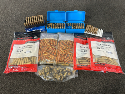 Mixed Brass Casings: 7.62x 39mm Win, 45 Auto, and 30 Carbine
