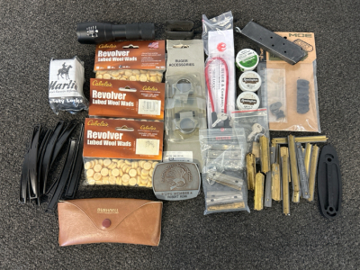Revolver Lubed Wool Wads, Stripper Clips, Bushnell Glasses, Remington Percussion Caps, Belt Buckle, And More