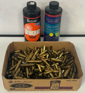 Mixed Brass Including 25-06 Remington, 30-06 Sprg, 44 Magnum, 38 Special, 7mm Rem Etc. & Partial Full Smokeless Powder For Pistol & Shotgun
