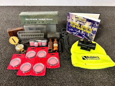 Military Rifle Book, Red Dot Scope (MCG Tactical), MNT-970TR Tri-Rail Mount, Brass Compass, Duck Calls, Air Tight Holders (40 mm), Vintage Minolta Camera and More
