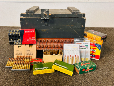 Wooden Crate With Mixed Ammo: 12 Ga ShotShells, 7.62x52 NATO, 7.62x 39mm, Primers, 5.56mm, .22 Long Rifle, 38 Super Auto and More