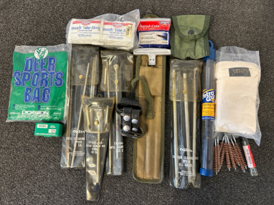 Sporting Goods and Rifle Cleaning Materials Including: Cleaning Rods, Barrel Brushes, Anti Rust Gun Cloths, Deer Sports Bag, Shell Holder and More