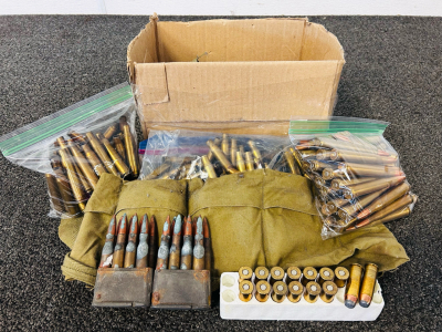 Box With Vintage Ammo (30-06 SPRG, 303 Sav, 44 REM) and Mixed Brass Casings
