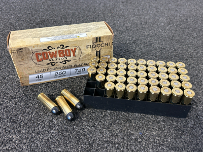 Box Of Fiocchi Cowboy Action 45 Colt 250 Gr. Lead Round Nose Flat Point (50 Count)