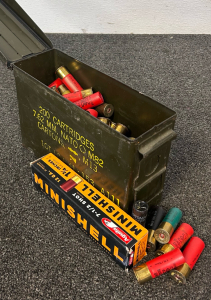 Metal Ammo Box With Mixed 12 Ga. ShotShells Including (20 Rnds) Of &Aacute;guila 7-1/2 Shot 12 Ga. Minishells (1-3/4")