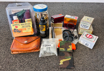 Hoppes Bore Snake Soft Sided Cleaning Kit, Gun Accessories, Stripper Clips, Ammunition (41 Mag 210// 265 Gr, (4) Small Cases of 22 Mag, and Jar Of Mixed Ammo.