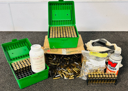 Mixed Brass Casings (45-70 Cal, 44 REM, 45 Auto, 223 REM, 300 Win), Brownells Clips, and Partial Reloading Powders