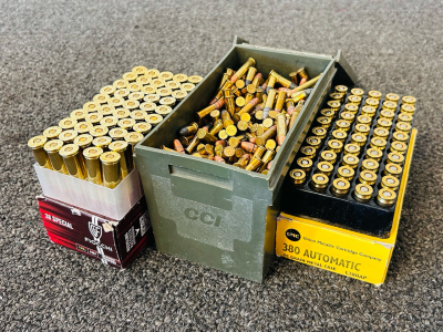Box Of 38 Special 158 Gr, 380 Automatic 95 Gr, and Small Ammo Container With Mixed 22 Mag