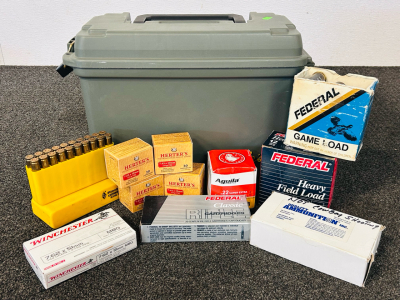 Cabelas Ammo Box With Mixed Ammunition: &Aacute;guila .22, Federal 12 Ga, 45 Colt, Herters 7.62x 39mm, 30-30 Win, 7.62x 51mm, and WCC 58