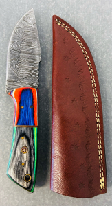 Damascus Steel Hunting knife With Custom Resin Multicolored Handle And Sheath- 7.5" Overall Length
