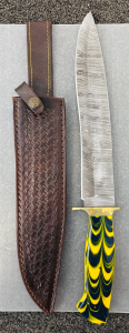 Damascus Steel Bowie Style Hunting knife With Custom Resin Handle (Yellow/Black) With Sheath- 16.5" Overall Length