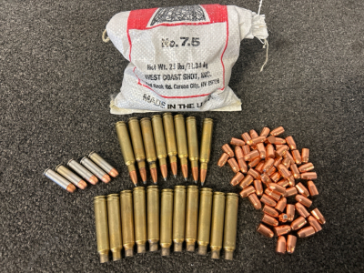 Partial Bag Of WC Mag No. 7.5, 7mm REM MAG+ Brass, 357 Magnum, and Nosler .38 Cal Bullets