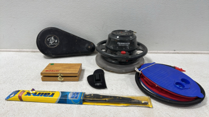 Assorted Items (1)DeLaval Cream Separator Cast Iron Fan Belt Cover or Chain Guard (1) Case Of Bosch Router Bits (1) BlackHawk Size1 Pistol Holster and more