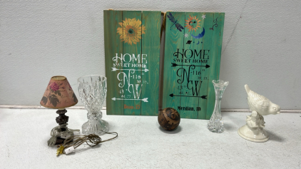 (2) Wooden Handpainted Signs, (2) Tabletop Lamps 1 Crystal, Ceramic Bird, (1) Crystal Candle Holder, Decorative Ball