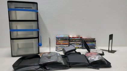 10 + Plus DVD (2) Metal Book Holder For Shelf, and 3 Tier Storage Containers