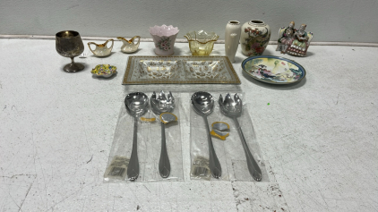 Circa 1940s 22K Gold Outlined Sugar and Pitcher Set, Lofton China Hand Painted Floral Pink Bisque Vase Planter, Bone China Lace Painted Couples On Couch, Hand Painted Chinese Vase, Chinese Hand PaintedVintage Imperial Plate,Ceramic Lenox China Bud Vase, 