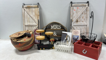 Assorted Home Decor (2) Hanging Faux Barn Doors (1) Round Metal Display Shelf (1) 4 Cubby Box and More