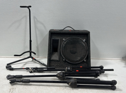 (1) Quantum Guitar Speaker (1) Ultra Guitar Stand (3) Microphone Stands