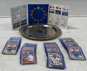 (1) International Silver Company Engraved Serving Dish (1)Euro-Zone Countries Coin Collection, Assorted Baseball Cards Mark McGwire & Pete Rose &Bo Jackson and others