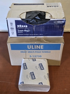 Partial Box of 55 Gal Trash Bags & Partial Box of Uline Kraft Multi-Fold Paper Towels