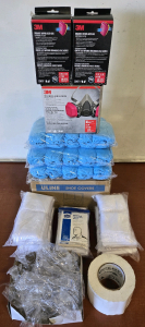 Box of Uline Shoe Covers, (5) Packs of Spray Face Cover Socks, 3M Reusable Respirator w/ Cartridge Filters, Safety Eye Glasses, & Crawl Space Seam Tape | +$100 Combined Value!