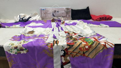 8 In 1 Electric Cleaning Brush, Vintage Floral Kimono,San Francisco. Shirt, White Vest Silk With Blue Ploka Dots On Collar,Black Crochet Purse, Assorted Jewelery
