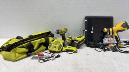 Assorted Tools (1)Ryobi Impact Bit Driver (1) Ryobi Flash Light (1)One+ Charger (1)40v Lithium Battery &Charget (1) Solar Panel w/Controller (1) Wagner Air-Less Sprayer and more