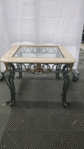 Marble and Glass Top Wrought Iron End Table