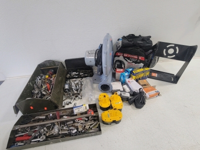 (1) Vintage Military Tool Box, (1) JBL Mounting Bracket, (3) Dewalt 18v Batteries, (1) Spinmaster Air Pump (works) and more
