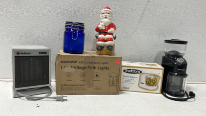 Cobalt Blie Jar, Shardor Coffee Grinder, Traditions Food Chopper by Proctor Silex, Holmes Ceramic Heater,Sunvie LED Landscape Lights, Vintage Santa Claus Decanter