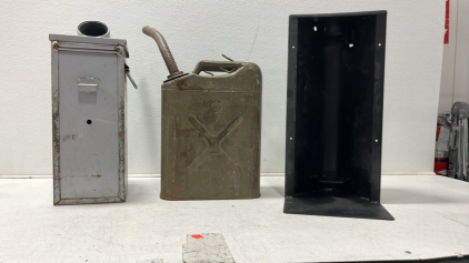 Vintage 1962 WW2 Gas Can, Vintage Coin Drop Box And Unlnown Black Cover