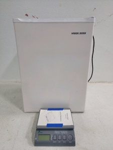 (1)Black & Decker Mini Fridge and (1) Tree Postal Scale