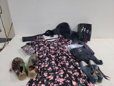 Michael Kors Down Jacket, (2) Pairs Bowling Shoes (2) Floral Dresses w/pockets, (12) Men's Dress socks and more