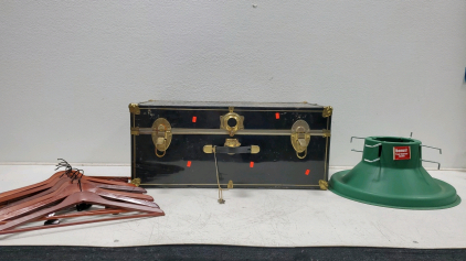 Metal Trunk With Keys (12) Wooden Hangers And Christmas Tree Stand