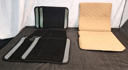 (1) 4-Piece Beiqitong Car Floor Mat Set, Carpeted, Black/ Silver Diamond & (1) 2-Pack Of Taikoo Car Back Of Seat Protectors, Brown Checkered Vinal W/ Storage Pocket