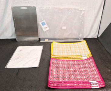 (1) Titanium Cutting Board, 12" x 18", (1) Acrylic Cutting Board, 17" x 24", (1) Diatomite Stone Drying Mat, 12" x 16" & (2) 4-Piece Placemat Sets