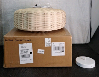 (1) Rattan Pendant Light, White Finish Hardware, 19" Diameter, 8" Tall, 6' Cable